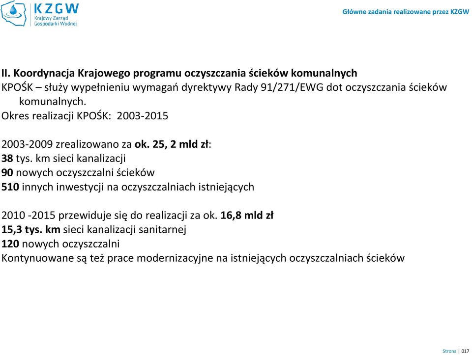 komunalnych. Okres realizacji KPOŚK: 2003-2015 2003-2009 zrealizowano za ok. 25, 2 mld zł: 38 tys.