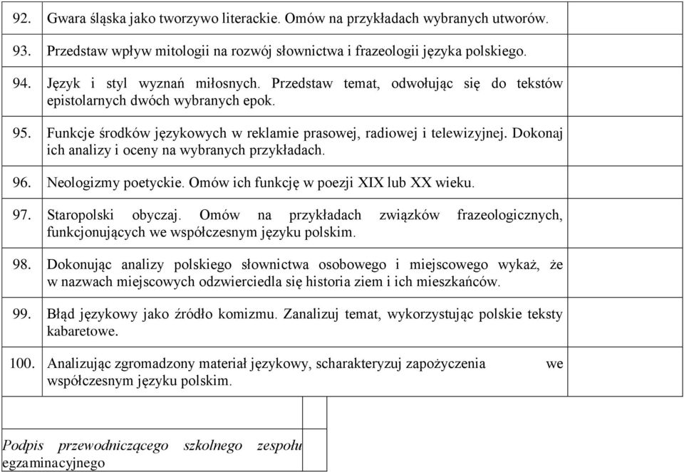 Neologizmy poetyckie. Omów ich funkcję w poezji XIX lub XX wieku. 97. Staropolski obyczaj. Omów na przykładach związków frazeologicznych, funkcjonujących we współczesnym języku polskim. 98.