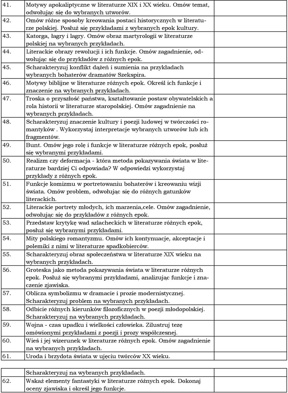 Omów zagadnienie, odwołując się do przykładów z różnych epok. 45. Scharakteryzuj konflikt dążeń i sumienia na przykładach wybranych bohaterów dramatów Szekspira. 46.