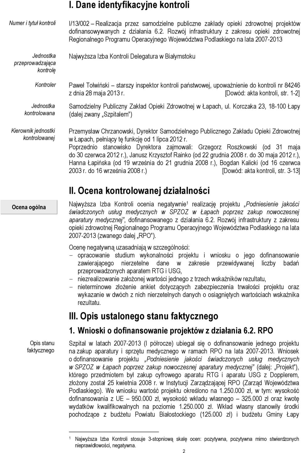 Rozwój infrastruktury z zakresu opieki zdrowotnej Regionalnego Programu Operacyjnego Województwa Podlaskiego na lata 2007-2013 Najwyższa Izba Kontroli Delegatura w Białymstoku Kontroler Paweł