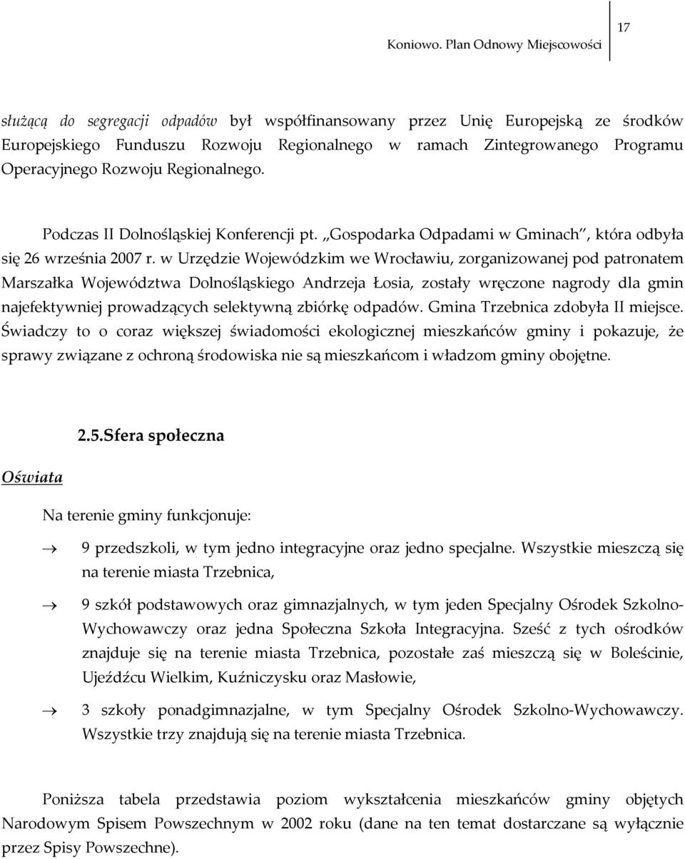 w Urzędzie Wojewódzkim we Wrocławiu, zorganizowanej pod patronatem Marszałka Województwa Dolnośląskiego Andrzeja Łosia, zostały wręczone nagrody dla gmin najefektywniej prowadzących selektywną