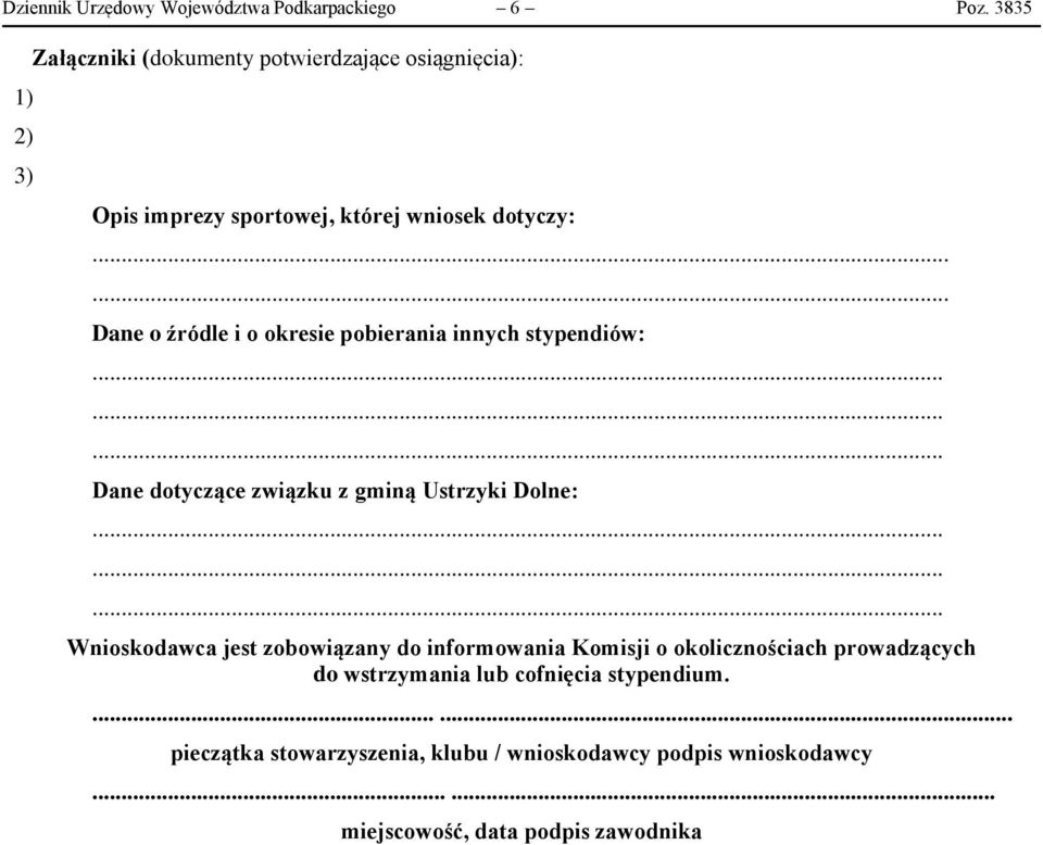 . Dane o źródle i o okresie pobierania innych stypendiów: Dane dotyczące związku z gminą Ustrzyki Dolne: Wnioskodawca jest