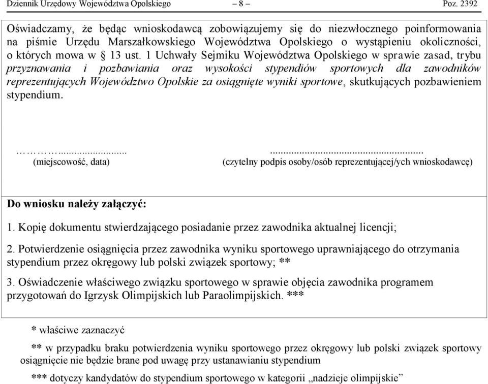 1 Uchwały Sejmiku Województwa Opolskiego w sprawie zasad, trybu przyznawania i pozbawiania oraz wysokości stypendiów sportowych dla zawodników reprezentujących Województwo Opolskie za osiągnięte