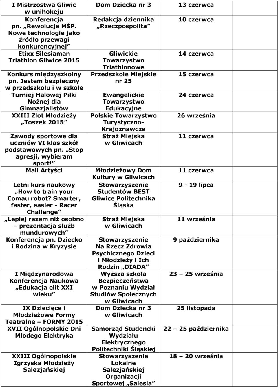 Gmnazjalstów XXIII Zlot Młodzeży Toszek 2015 Zawody sportowe dla ucznów VI klas szkół podstawowych Stop agresj, wyberam sport! sport!" Mal Artyśc Letn kurs naukowy How to tran your Comau robot?
