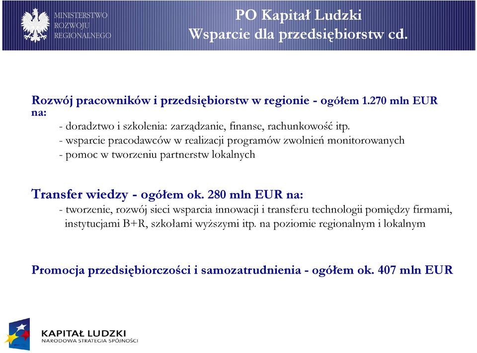 - wsparcie pracodawców w realizacji programów zwolnień monitorowanych - pomoc w tworzeniu partnerstw lokalnych Transfer wiedzy - ogółem ok.