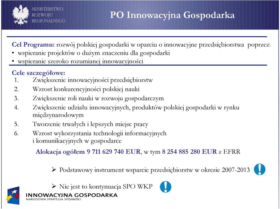 Zwiększenie roli nauki w rozwoju gospodarczym 4. Zwiększenie udziału innowacyjnych, produktów polskiej gospodarki w rynku międzynarodowym 5. Tworzenie trwałych i lepszych miejsc pracy 6.
