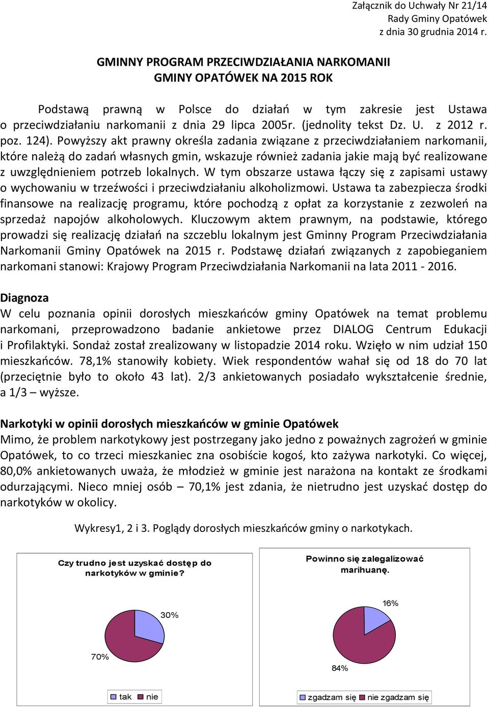 Powyższy akt prawny określa zadania związane z przeciwdziałaniem narkomanii, które należą do zadań własnych gmin, wskazuje również zadania jakie mają być realizowane z uwzględnieniem potrzeb