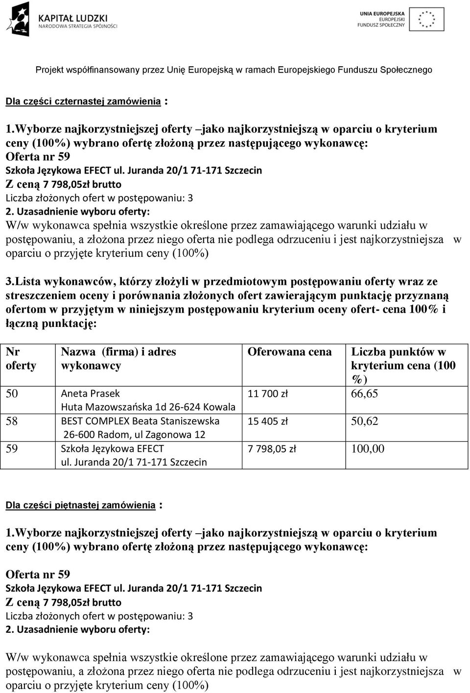 Juranda 20/1 71-171 Szczecin Z ceną 7 798,05zł brutto Liczba złożonych ofert w postępowaniu: 3 2. Uzasadnienie wyboru : oparciu o przyjęte kryterium ceny (100 3.