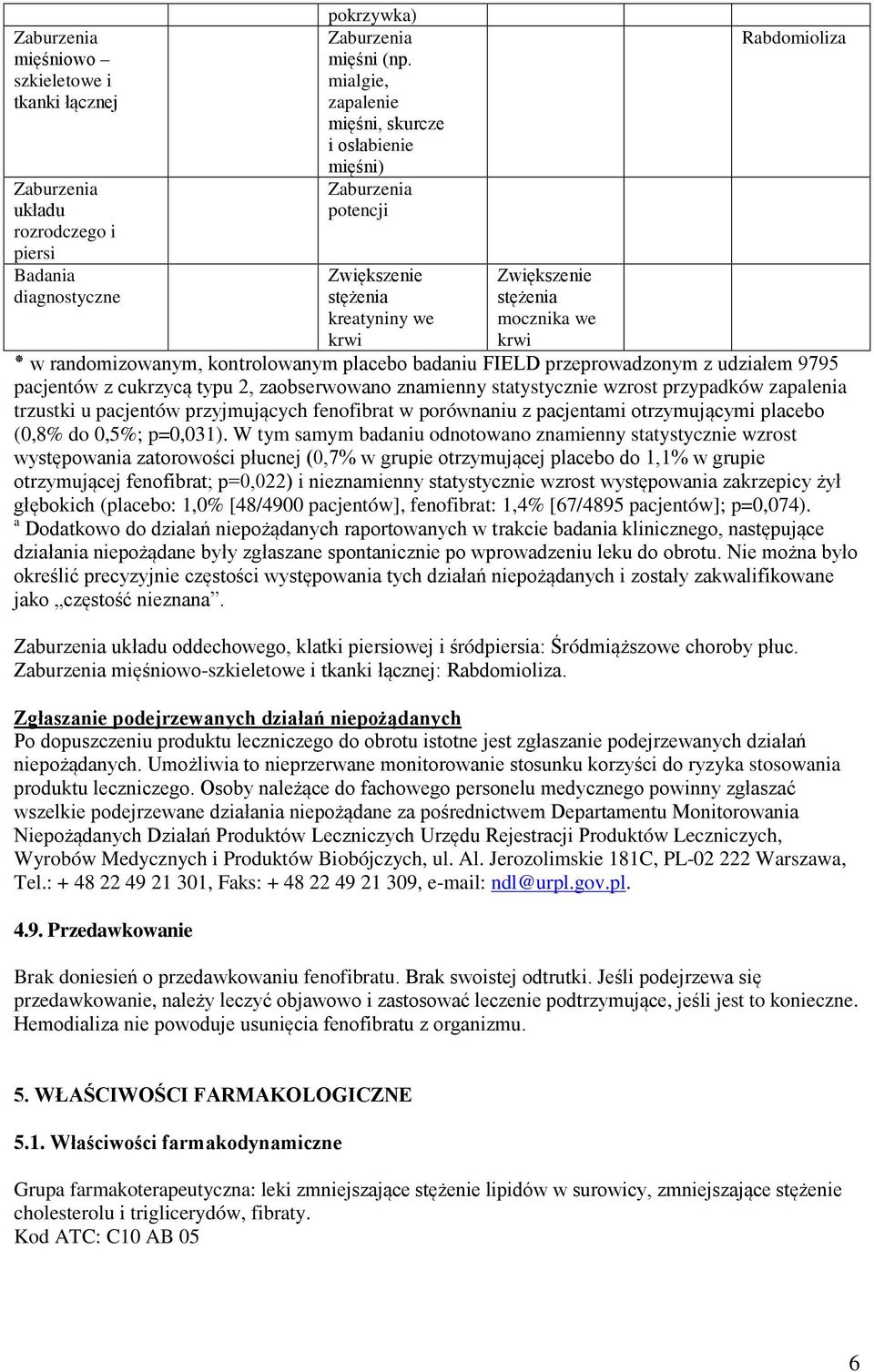 badaniu FIELD przeprowadzonym z udziałem 9795 pacjentów z cukrzycą typu 2, zaobserwowano znamienny statystycznie wzrost przypadków zapalenia trzustki u pacjentów przyjmujących fenofibrat w porównaniu