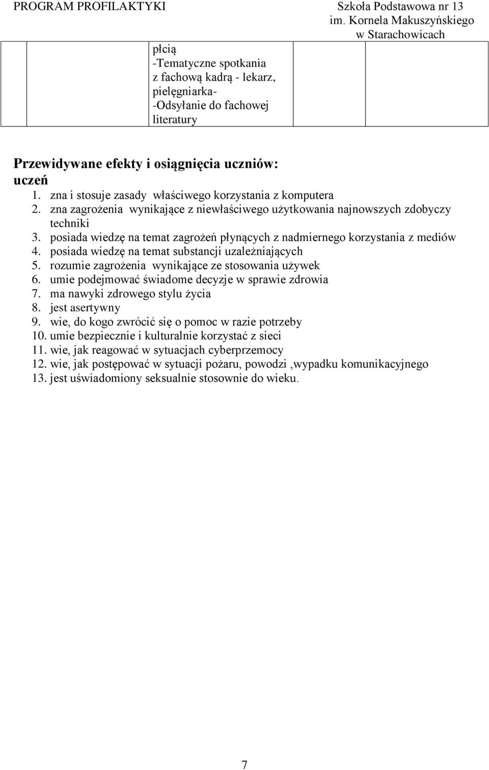 posiada wiedzę na temat zagrożeń płynących z nadmiernego korzystania z mediów 4. posiada wiedzę na temat substancji uzależniających 5. rozumie zagrożenia wynikające ze stosowania używek 6.