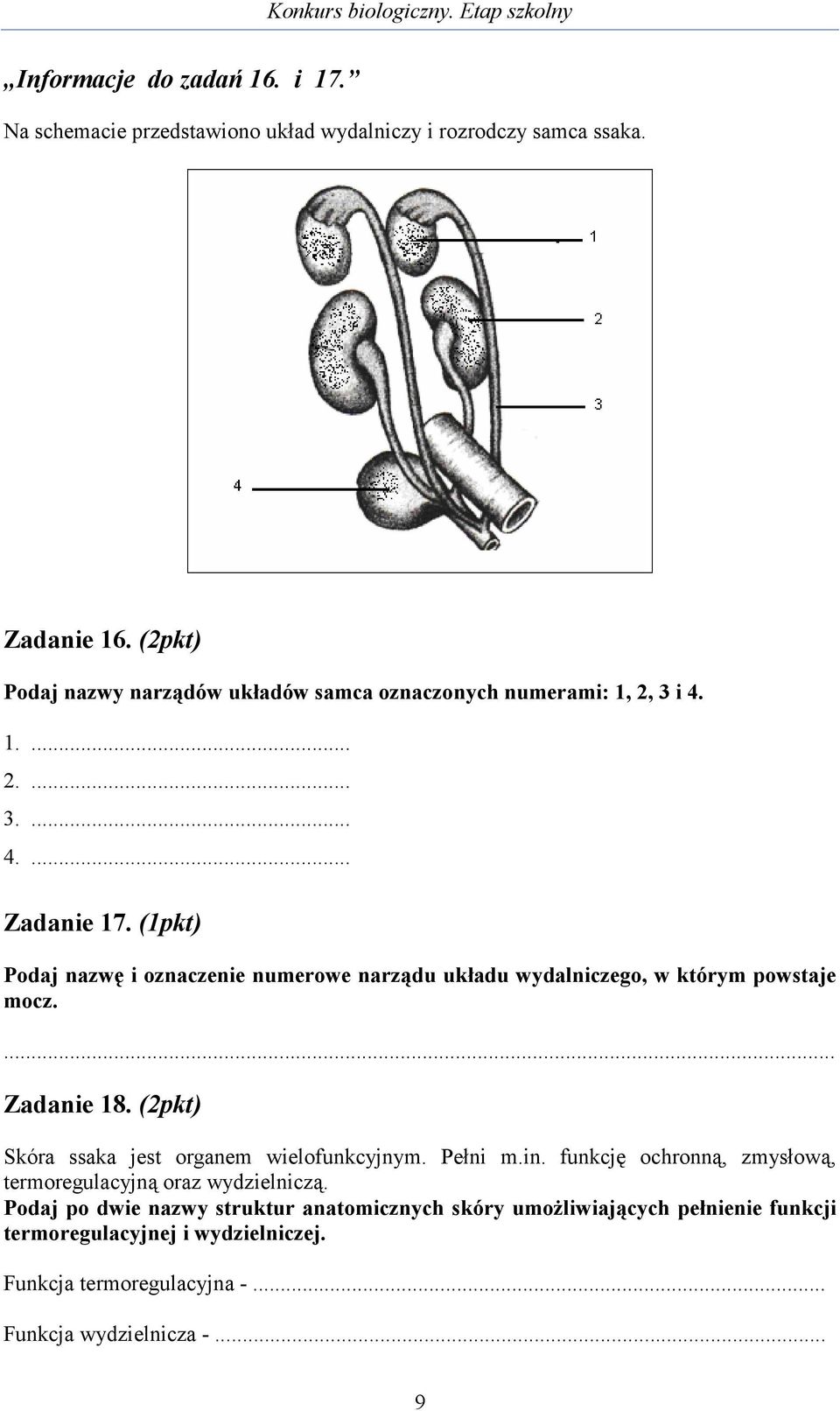 (1pkt) Podaj nazwę i oznaczenie numerowe narządu układu wydalniczego, w którym powstaje mocz. Zadanie 18. (2pkt) Skóra ssaka jest organem wielofunkcyjnym.