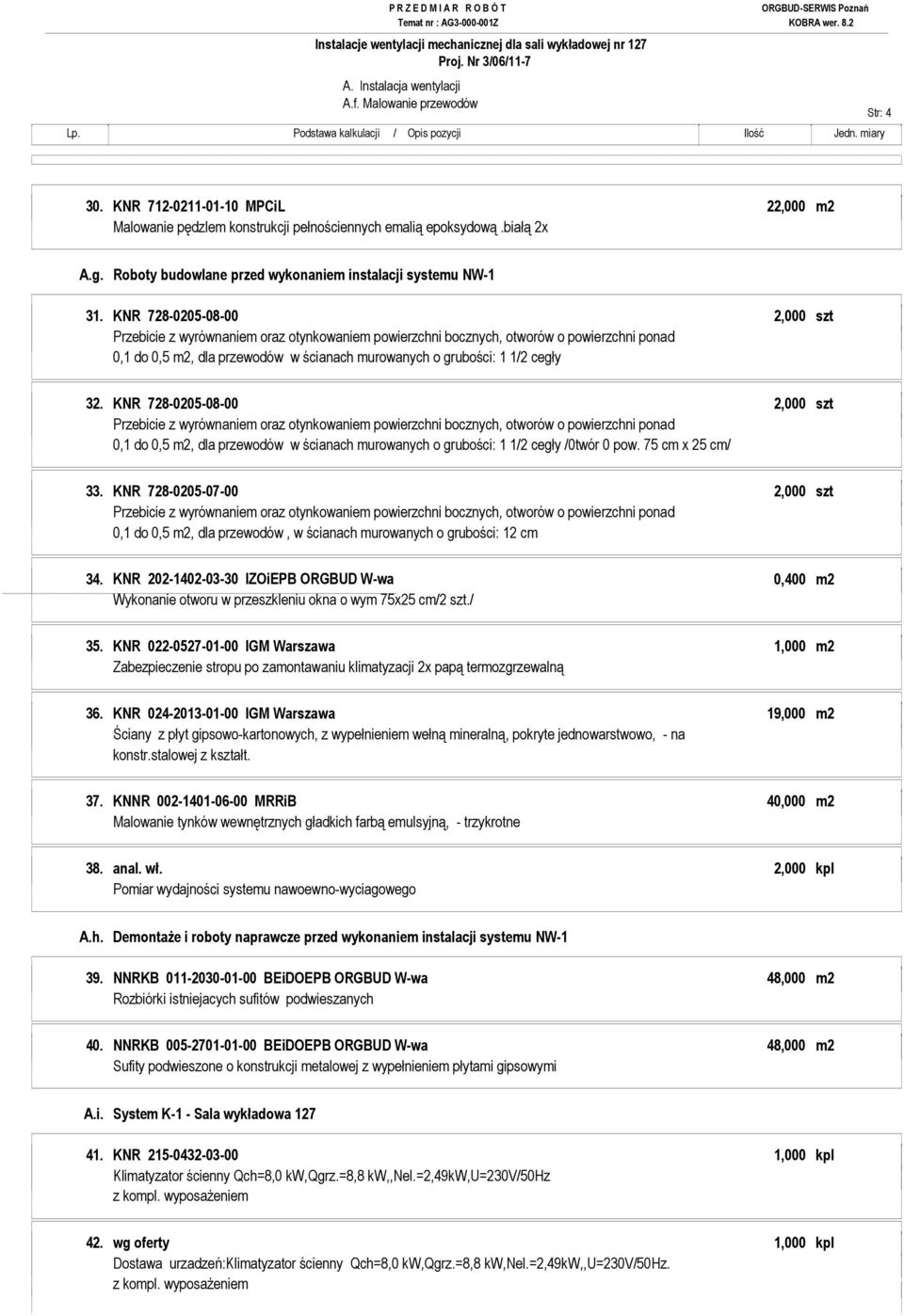 KNR 728-0205-08-00 2,000 szt Przebicie z wyrównaniem oraz otynkowaniem powierzchni bocznych, otworów o powierzchni ponad 0,1 do 0,5 m2, dla przewodów w ścianach murowanych o grubości: 1 1/2 cegły 32.