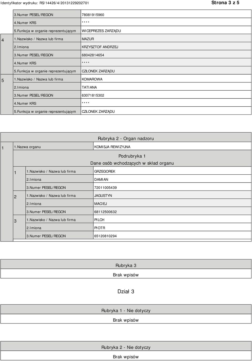 Numer PESEL/REGON 63071815302 CZŁONEK ZARZĄDU Rubryka 2 - Organ nadzoru 1 1.Nazwa organu KOMISJA REWIZYJNA Podrubryka 1 Dane osób wchodzących w skład organu 1 1.