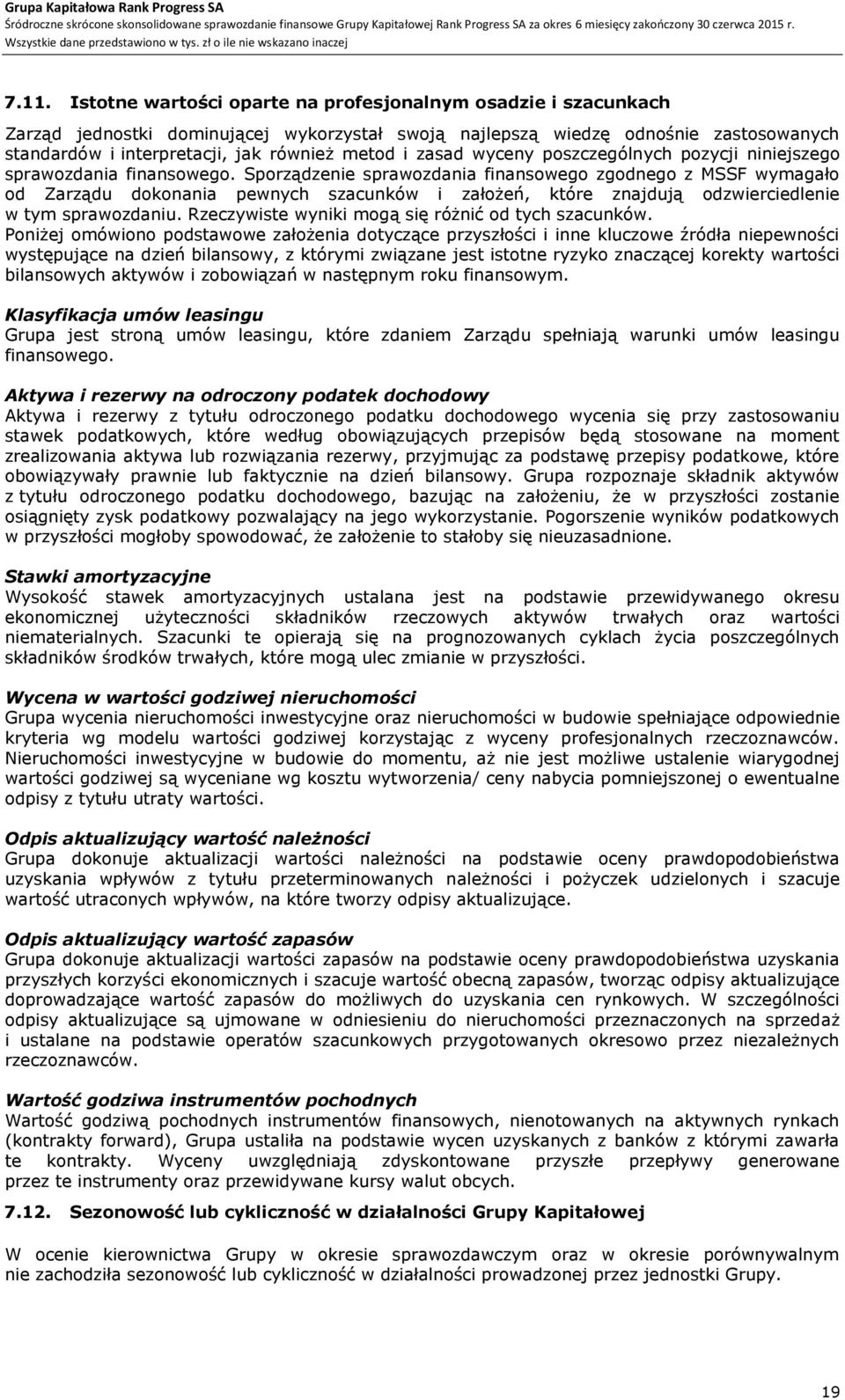 Sporządzenie sprawozdania finansowego zgodnego z MSSF wymagało od Zarządu dokonania pewnych szacunków i założeń, które znajdują odzwierciedlenie w tym sprawozdaniu.