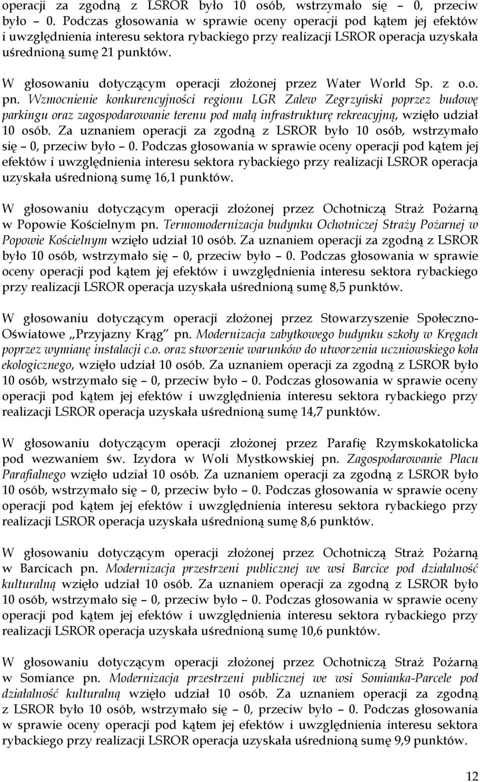 Za uznaniem operacji za zgodną z LSROR było 10 osób, wstrzymało uzyskała uśrednioną sumę 16,1 punktów. W głosowaniu dotyczącym operacji złożonej przez Ochotniczą Straż Pożarną w Popowie Kościelnym pn.