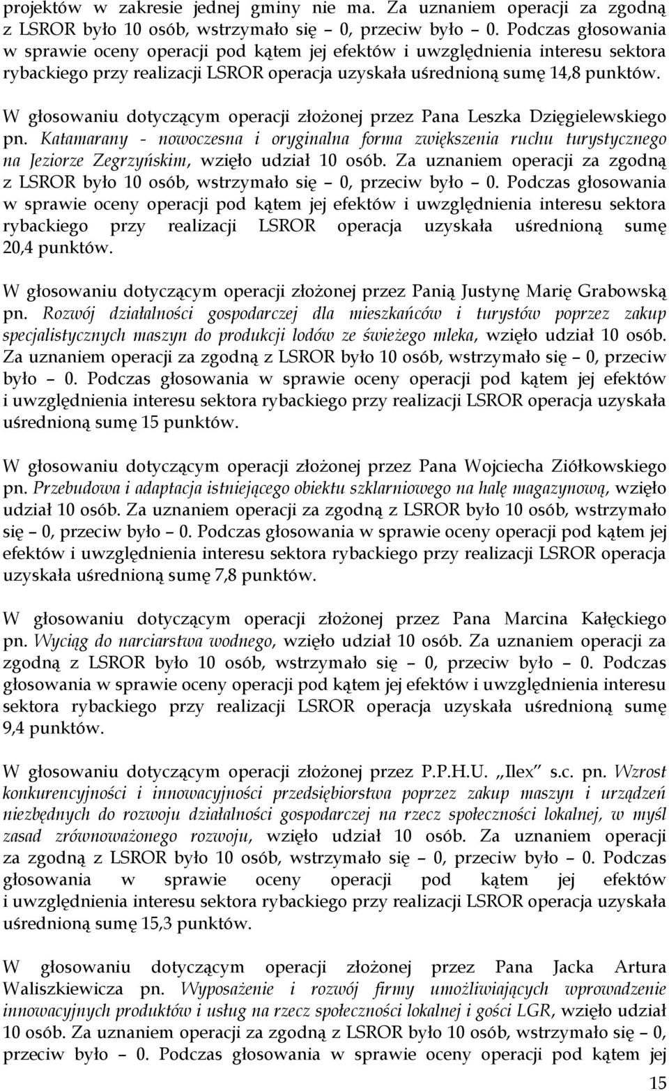 W głosowaniu dotyczącym operacji złożonej przez Pana Leszka Dzięgielewskiego pn.