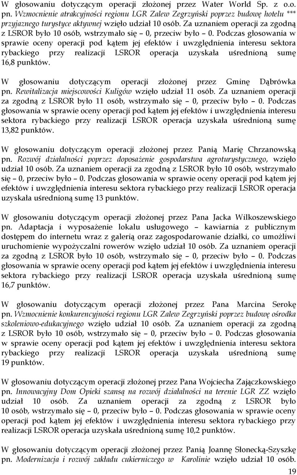 Za uznaniem operacji za zgodną z LSROR było 10 osób, wstrzymało się 0, przeciw było 0.