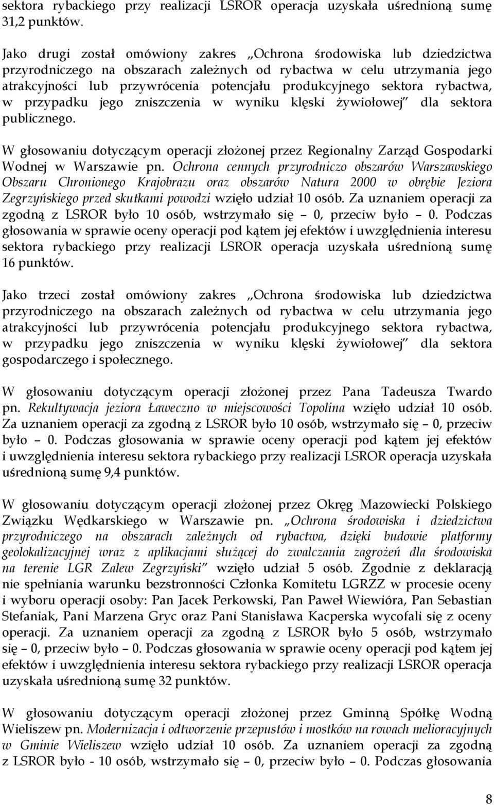 sektora rybactwa, w przypadku jego zniszczenia w wyniku klęski żywiołowej dla sektora publicznego. W głosowaniu dotyczącym operacji złożonej przez Regionalny Zarząd Gospodarki Wodnej w Warszawie pn.