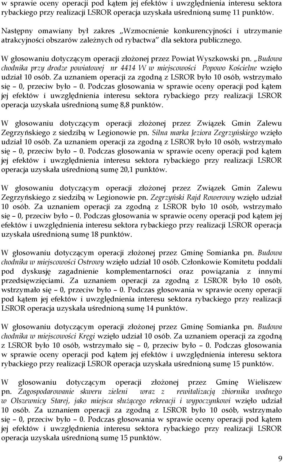 W głosowaniu dotyczącym operacji złożonej przez Powiat Wyszkowski pn. Budowa chodnika przy drodze powiatowej nr 4414 W w miejscowości Popowo Kościelne wzięło udział 10 osób.