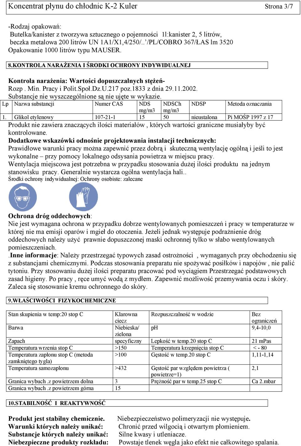 Dz.U.217 poz.1833 z dnia 29.11.2002. Substancje nie wyszczególnione są nie ujęte w wykazie. Lp Nazwa substancji Numer CAS NDS NDSCh NDSP Metoda oznaczania mg/m3 mg/m3 1.
