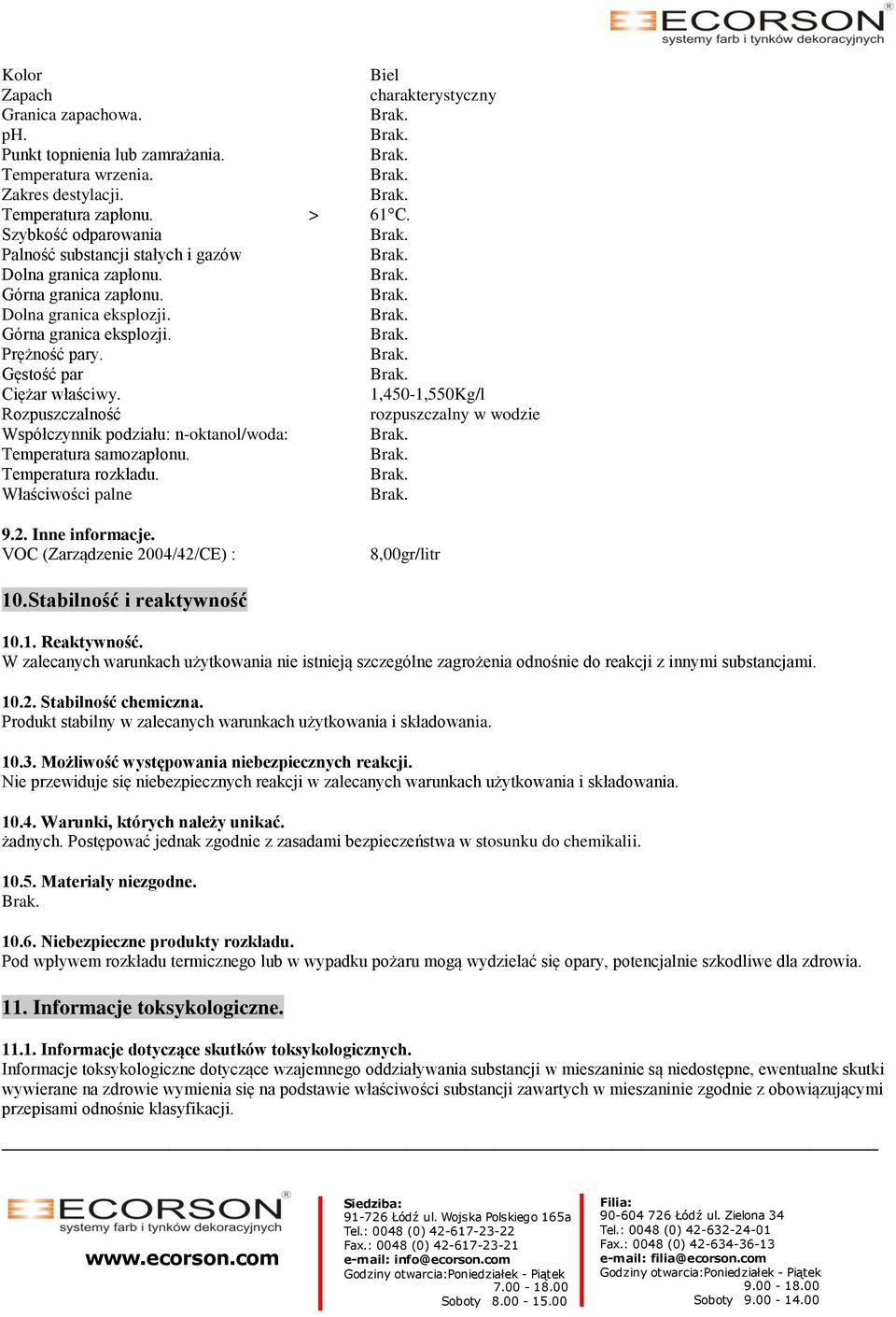 1,450-1,550Kg/l Rozpuszczalność rozpuszczalny w wodzie Współczynnik podziału: n-oktanol/woda: Temperatura samozapłonu. Temperatura rozkładu. Właściwości palne 9.2. Inne informacje.