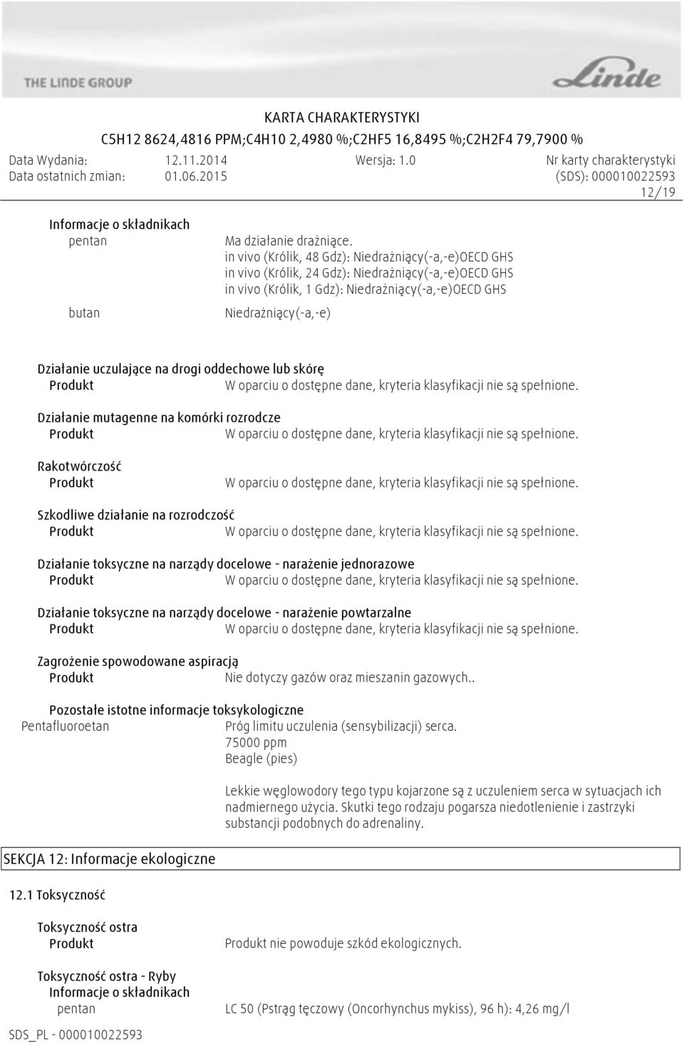 uczulające na drogi oddechowe lub skórę Działanie mutagenne na komórki rozrodcze Rakotwórczość Szkodliwe działanie na rozrodczość Działanie toksyczne na narządy docelowe - narażenie jednorazowe