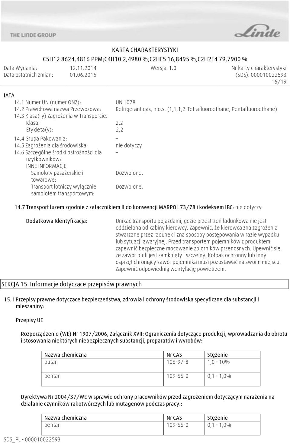 6 Szczególne środki ostrożności dla użytkowników: INNE INFORMACJE Samoloty pasażerskie i Dozwolone. towarowe: Transport lotniczy wyłącznie Dozwolone. samolotem transportowym: 14.