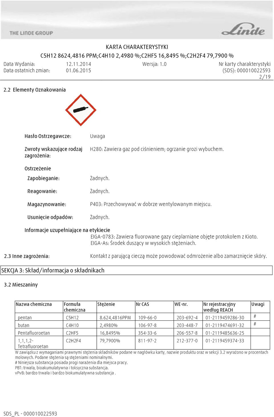 EIGA-As: Środek duszący w wysokich stężeniach. 2.3 Inne zagrożenia: Kontakt z parującą cieczą może powodować odmrożenie albo zamarznięcie skóry. SEKCJA 3: Skład/informacja o składnikach 3.