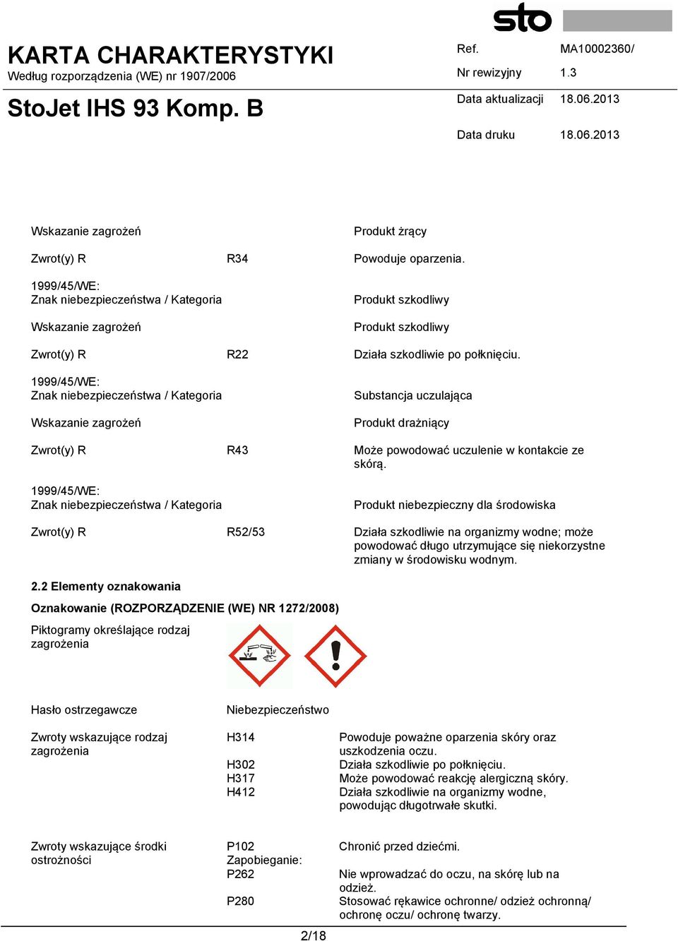 1999/45/WE: Znak niebezpieczeństwa / Kategoria Wskazanie zagrożeń Substancja uczulająca Produkt drażniący Zwrot(y) R R43 Może powodować uczulenie w kontakcie ze skórą.