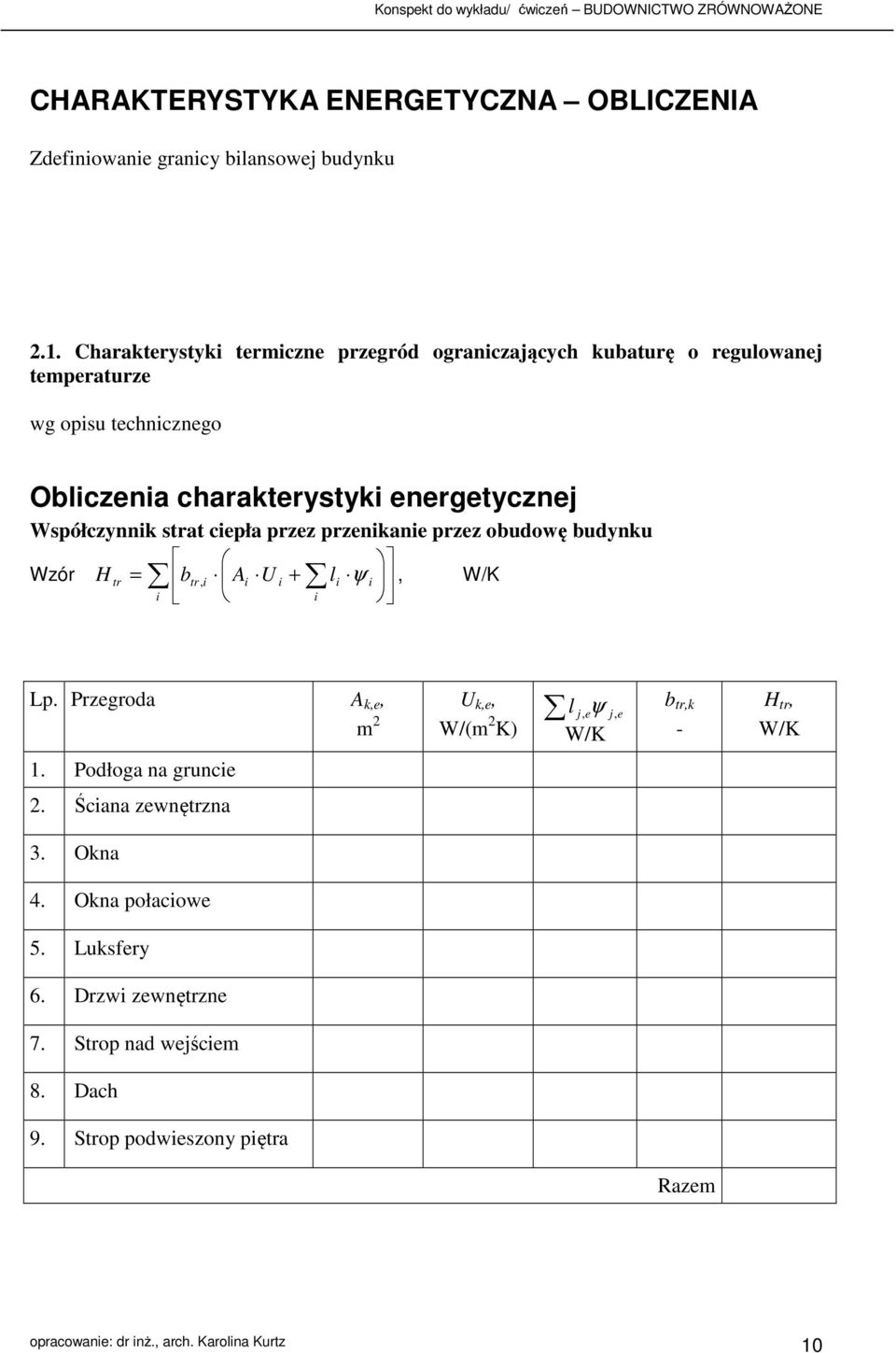 Współczynnik strat ciepła przez przenikanie przez obudowę budynku Wzór tr btr, i Ai U i + li ψ i, W/K i i Lp.