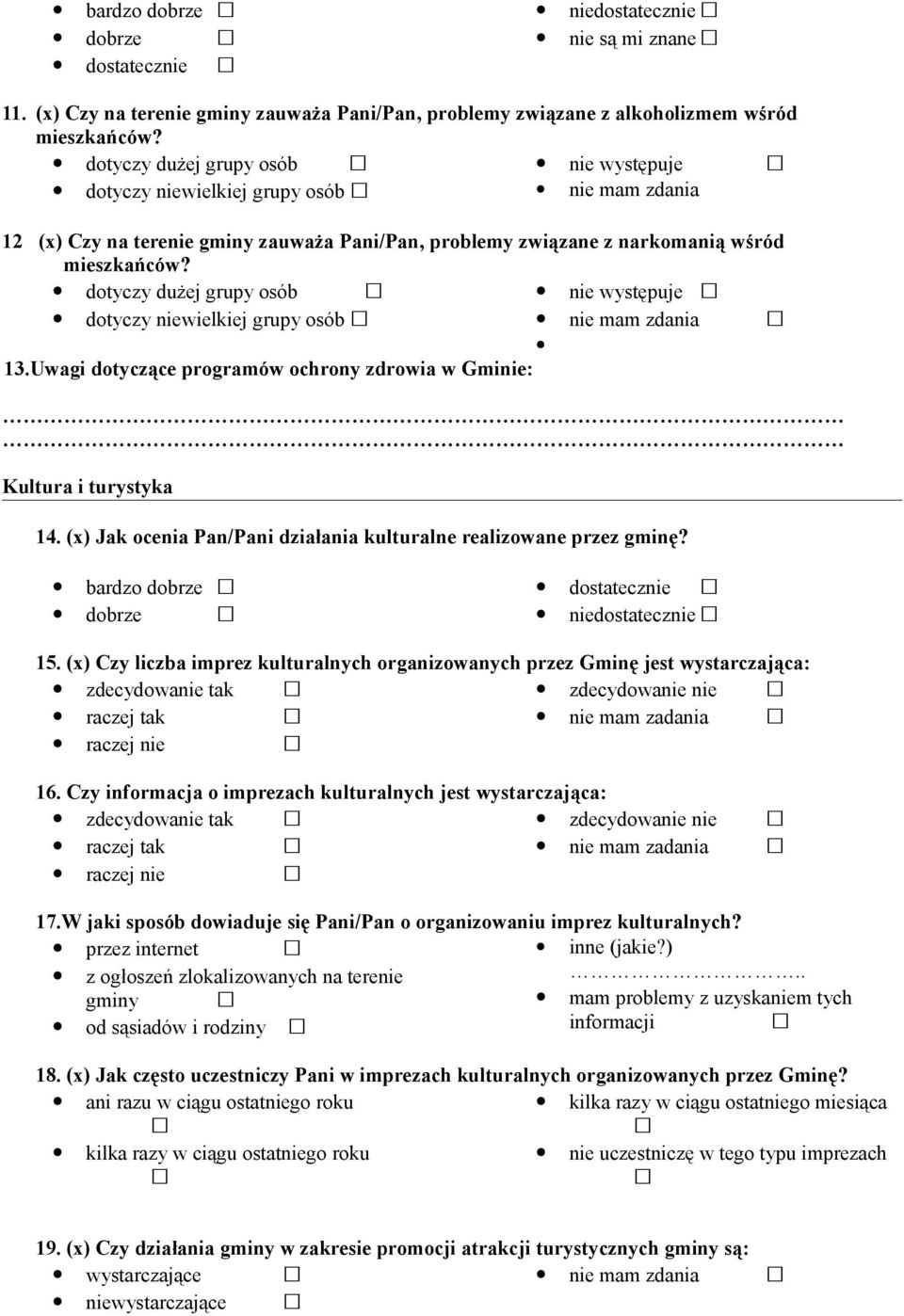 dotyczy dużej grupy osób nie występuje dotyczy niewielkiej grupy osób nie mam zdania 13.Uwagi dotyczące programów ochrony zdrowia w Gminie: Kultura i turystyka 14.