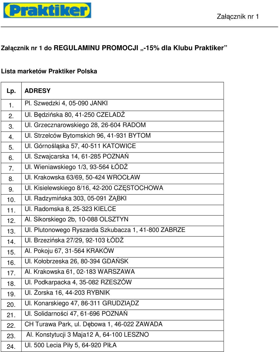 Ul. Kisielewskiego 8/16, 42-200 CZĘSTOCHOWA 10. Ul. Radzymińska 303, 05-091 ZĄBKI 11. Ul. Radomska 8, 25-323 KIELCE 12. Al. Sikorskiego 2b, 10-088 OLSZTYN 13. Ul. Plutonowego Ryszarda Szkubacza 1, 41-800 ZABRZE 14.