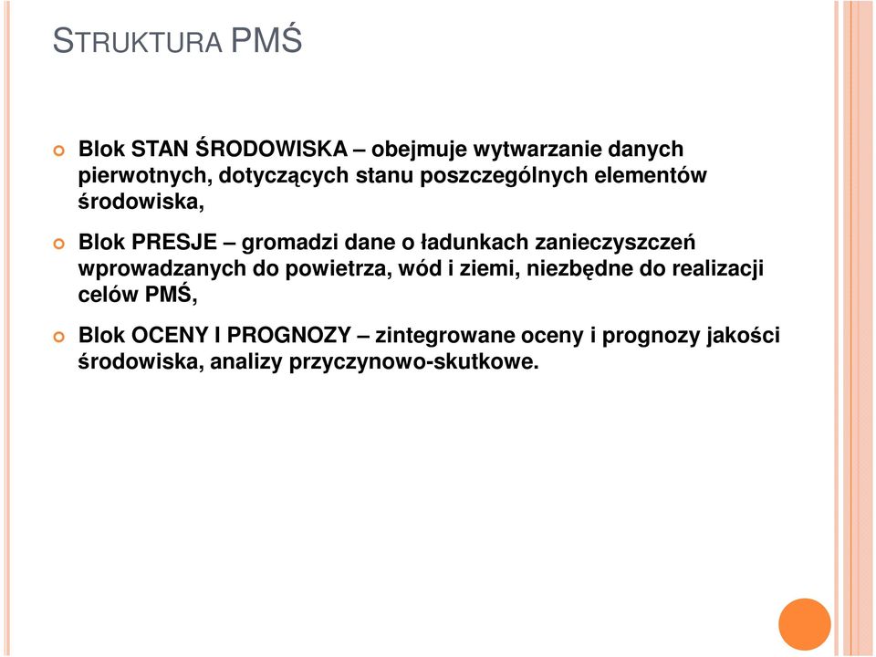 do powietrza, wód i ziemi, niezbędne do realizacji celów PMŚ, Blok OCENY I PROGNOZY zintegrowane oceny i