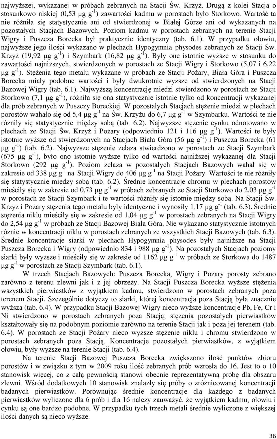 Poziom kadmu w porostach zebranych na terenie Stacji Wigry i Puszcza Borecka był praktycznie identyczny (tab. 6.1).