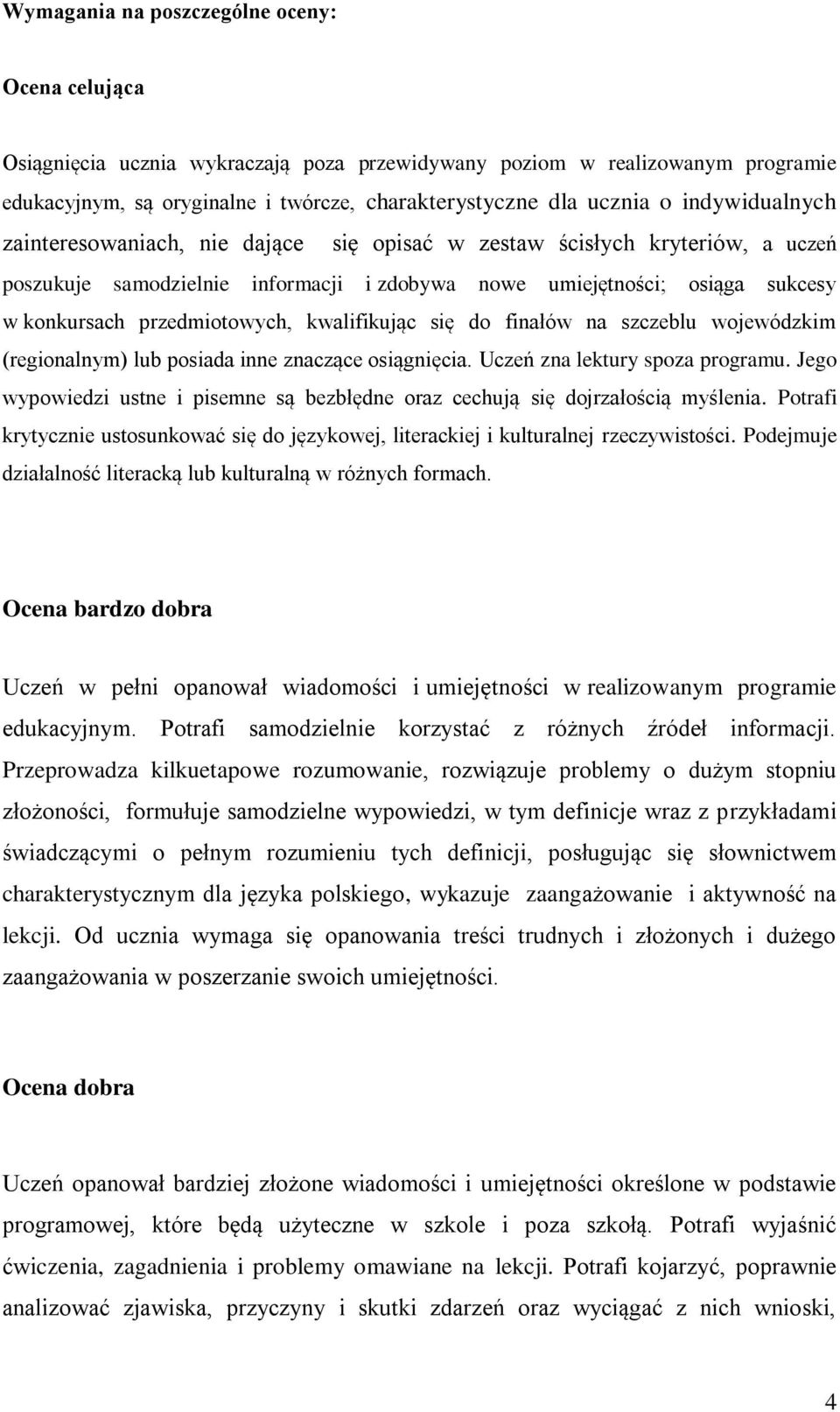 kwalifikując się do finałów na szczeblu wojewódzkim (regionalnym) lub posiada inne znaczące osiągnięcia. Uczeń zna lektury spoza programu.