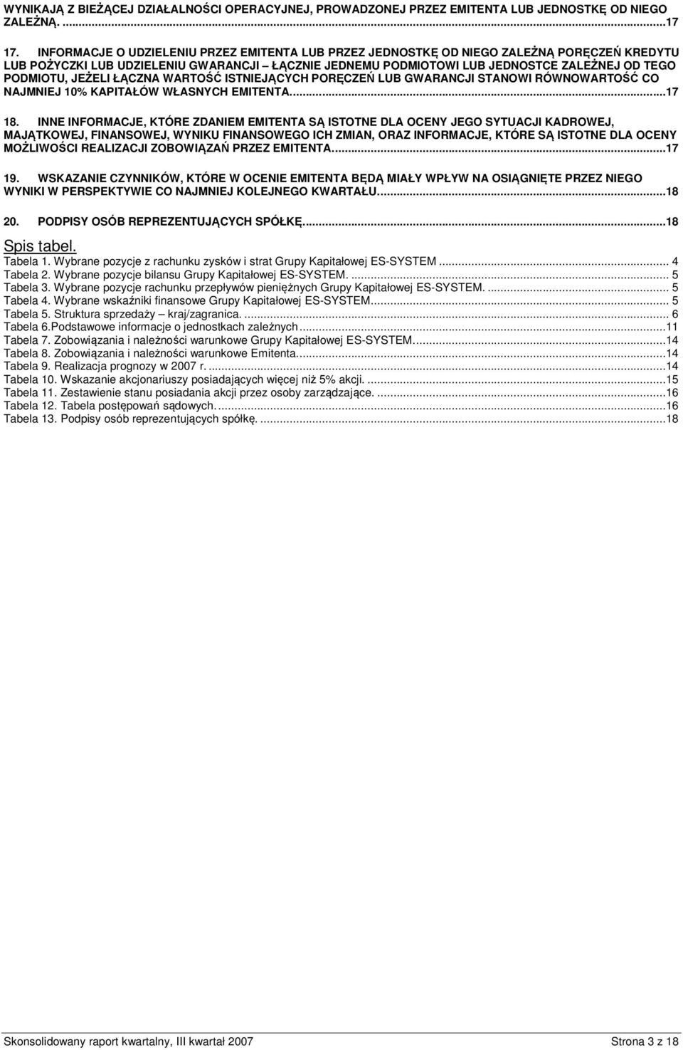 JEŻELI ŁĄCZNA WARTOŚĆ ISTNIEJĄCYCH PORĘCZEŃ LUB GWARANCJI STANOWI RÓWNOWARTOŚĆ CO NAJMNIEJ 10% KAPITAŁÓW WŁASNYCH EMITENTA....17 18.