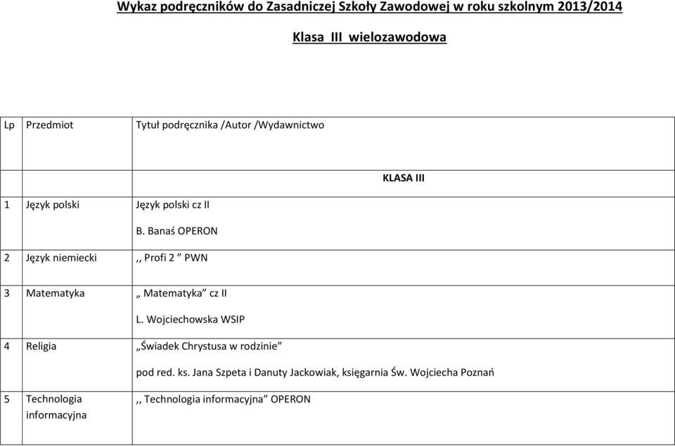 Banaś OPERON 2 Język niemiecki,, Profi 2 PWN 3 Matematyka Matematyka cz II L.