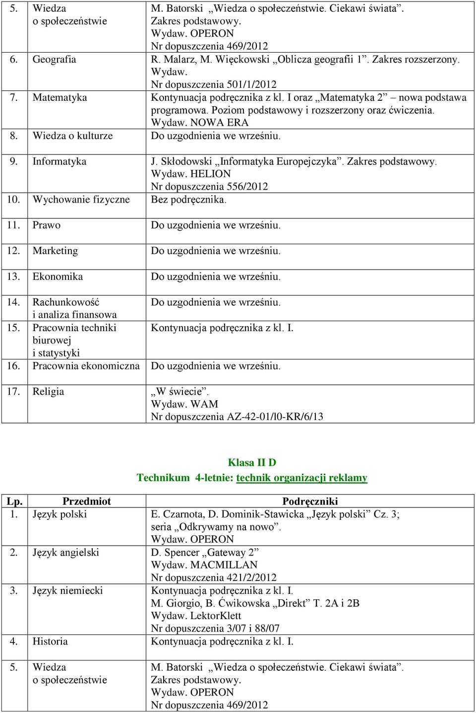 Informatyka J. Skłodowski Informatyka Europejczyka. Nr dopuszczenia 556/2012 10. Wychowanie fizyczne Bez podręcznika. 11. Prawo 12. Marketing 13. Ekonomika 14. Rachunkowość i analiza finansowa 15.