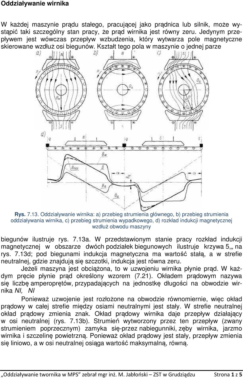 Oddziaływanie wirnika: a) przebieg strumienia głównego, b) przebieg strumienia oddziaływania wirnika, c) przebieg strumienia wypadkowego, d) rozkład indukcji magnetycznej wzdłuż obwodu maszyny