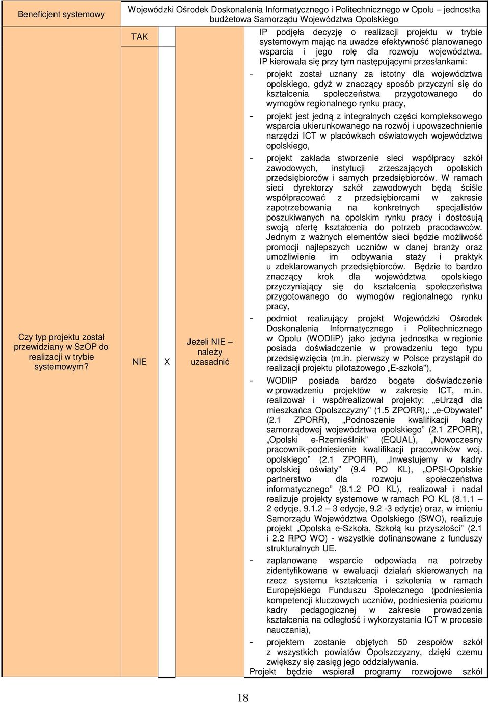 projektu w trybie systemowym mając na uwadze efektywność planowanego wsparcia i jego rolę dla rozwoju województwa.