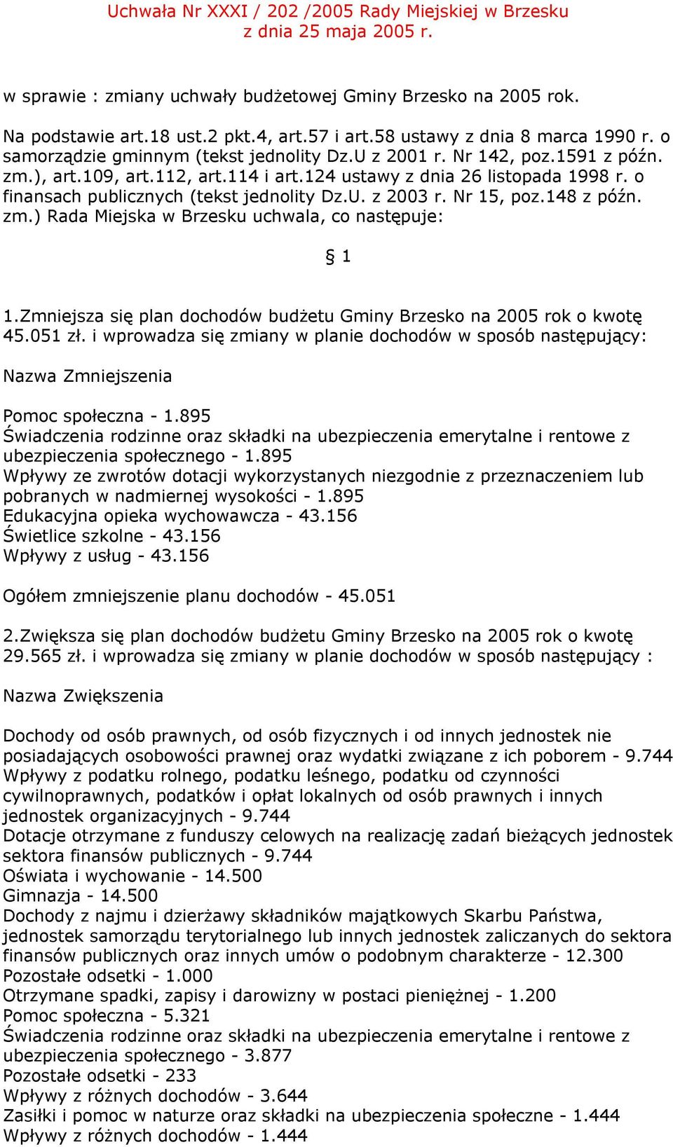 o finansach publicznych (tekst jednolity Dz.U. z 2003 r. Nr 15, poz.148 z późn. zm.) Rada Miejska w Brzesku uchwala, co następuje: 1 1.