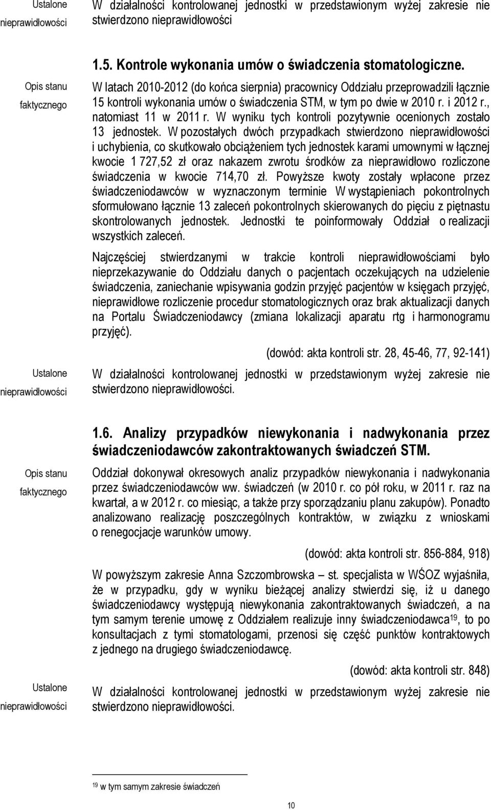 W latach 2010-2012 (do końca sierpnia) pracownicy Oddziału przeprowadzili łącznie 15 kontroli wykonania umów o świadczenia STM, w tym po dwie w 2010 r. i 2012 r., natomiast 11 w 2011 r.