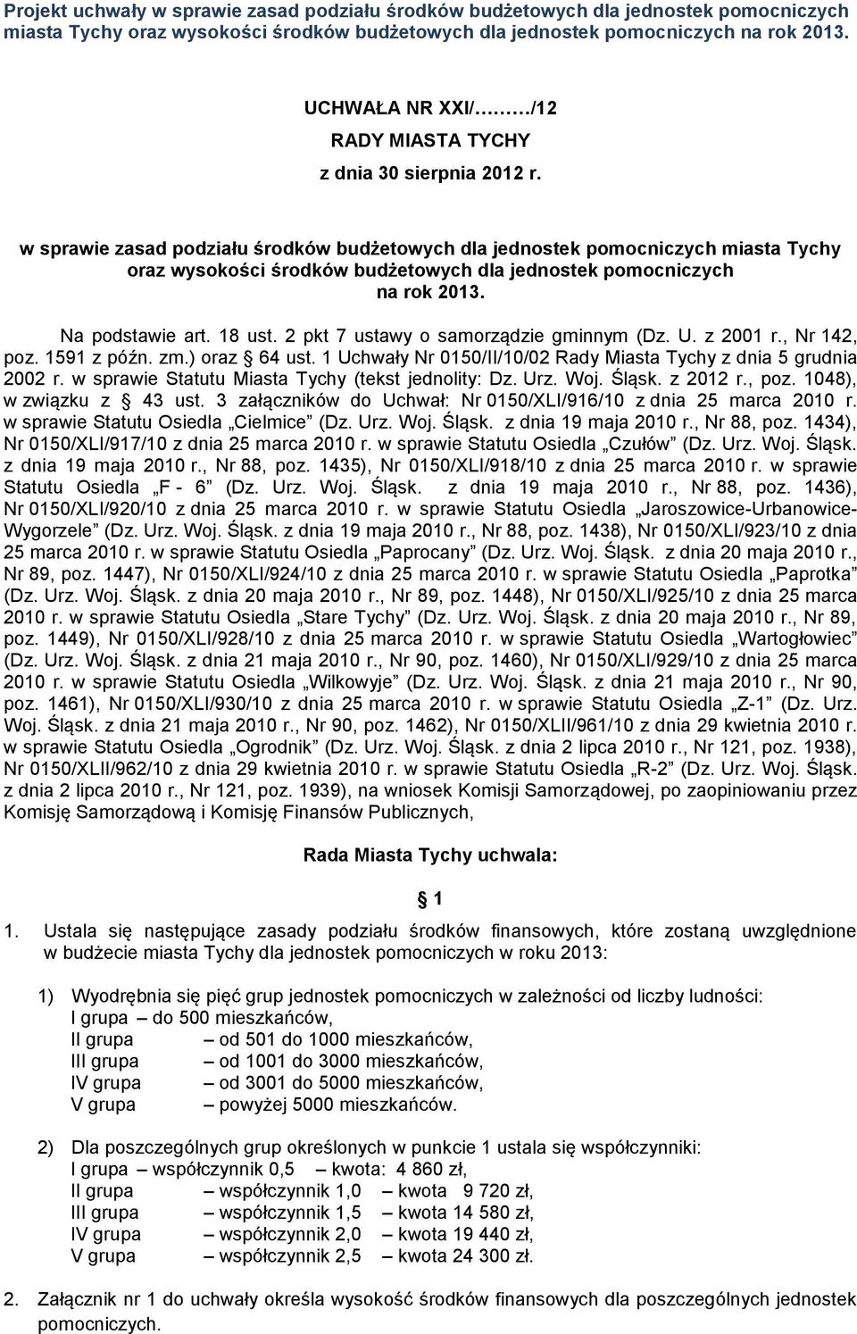 w sprawie zasad podziału środków budżetowych dla jednostek pomocniczych miasta Tychy oraz wysokości środków budżetowych dla jednostek pomocniczych na rok 2013. Na podstawie art. 18 ust.