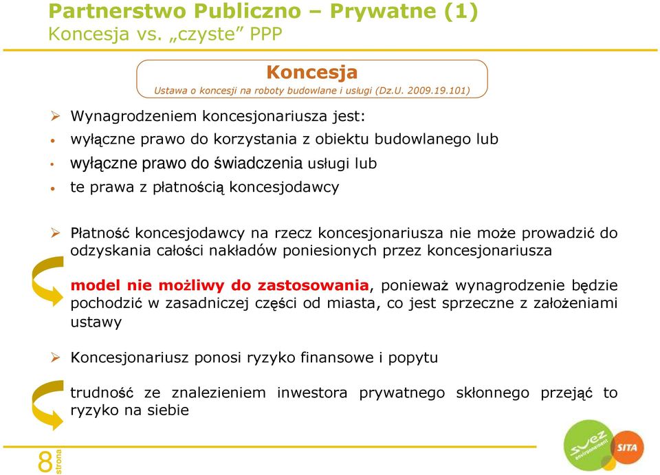 Płatność koncesjodawcy na rzecz koncesjonariusza nie moŝe prowadzić do odzyskania całości nakładów poniesionych przez koncesjonariusza model nie moŝliwy do zastosowania, poniewaŝ