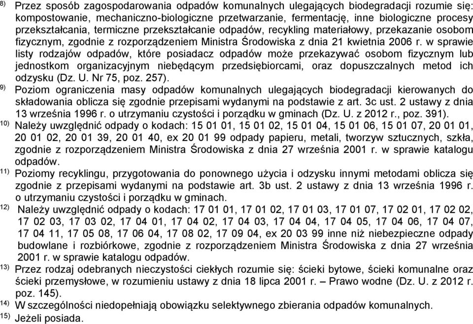 w sprawie listy rodzajów, które posiadacz może przekazywać osobom fizycznym lub jednostkom organizacyjnym niebędącym przedsiębiorcami, oraz dopuszczalnych metod ich odzysku (Dz. U. Nr 75, poz. 257).