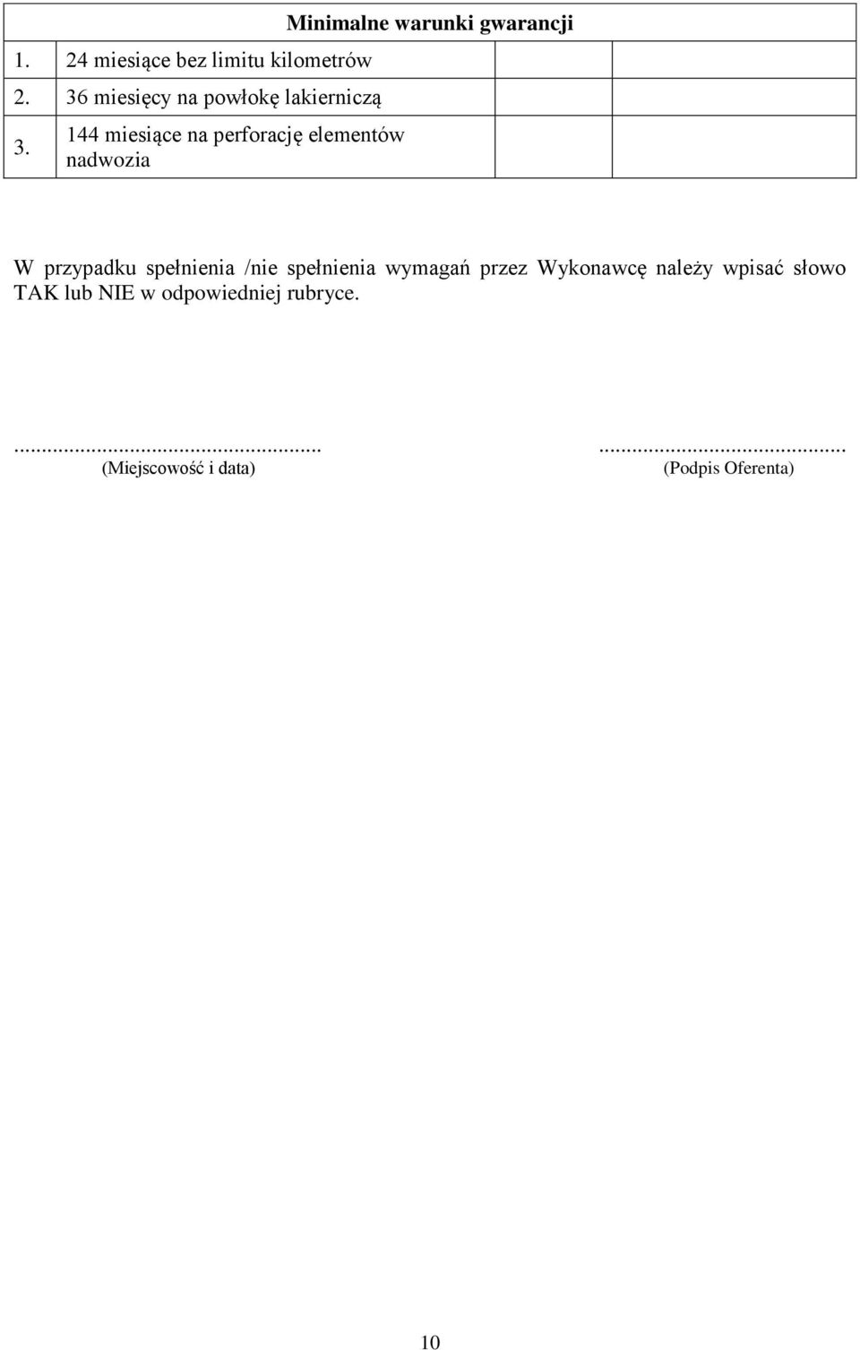 przypadku spełnienia /nie spełnienia wymagań przez Wykonawcę należy wpisać