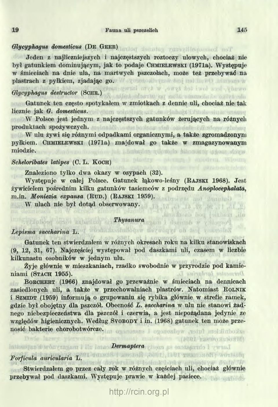 ) Gatunek ten często spotykałem w zmiotkach z dennic uli, chociaż nie tak licznie jak 0. domesticus. W Polsce jest jednym z najczęstszych gatunków żerujących na różnycli produktach spożywczych.