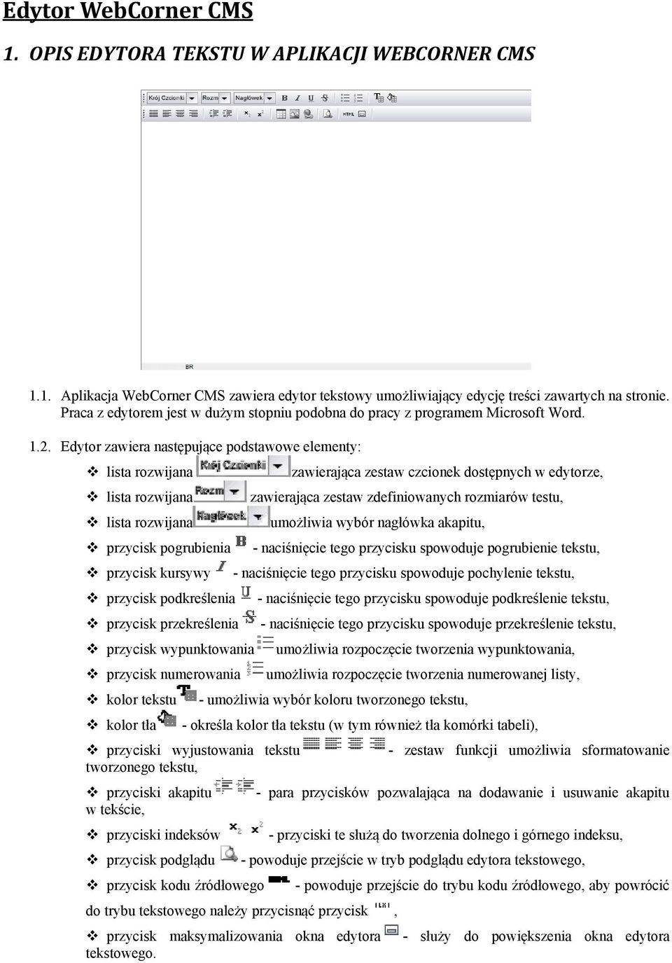 Edytor zawiera następujące podstawowe elementy: lista rozwijana zawierająca zestaw czcionek dostępnych w edytorze, lista rozwijana zawierająca zestaw zdefiniowanych rozmiarów testu, lista rozwijana