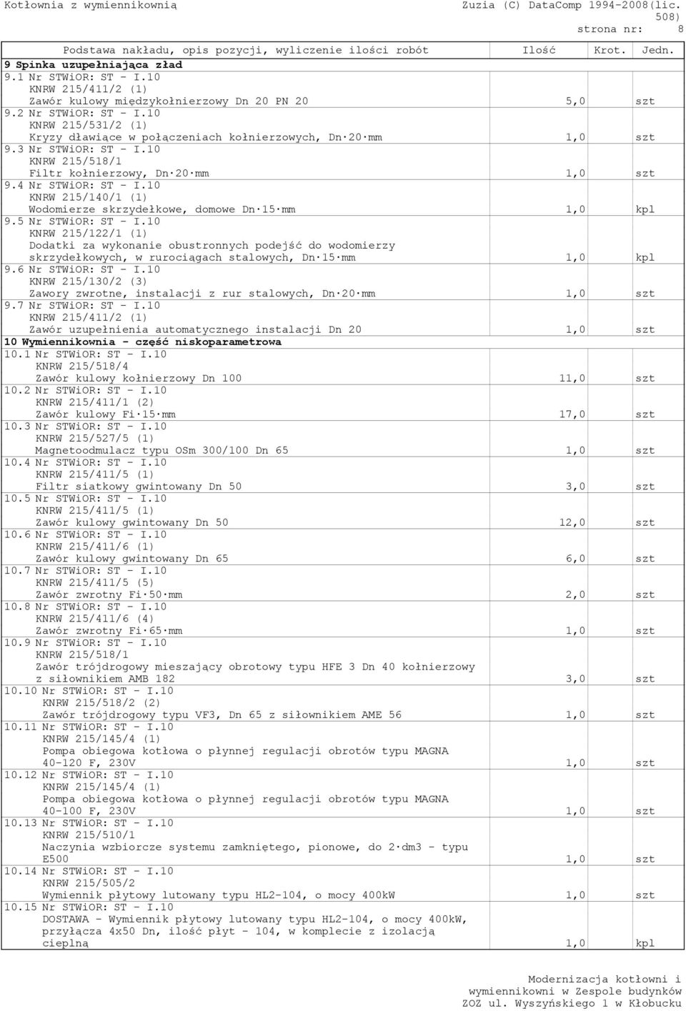 10 KNRW 215/140/1 (1) Wodomierze skrzydełkowe, domowe Dn 15 mm 1,0 kpl 9.5 Nr STWiOR: ST - I.