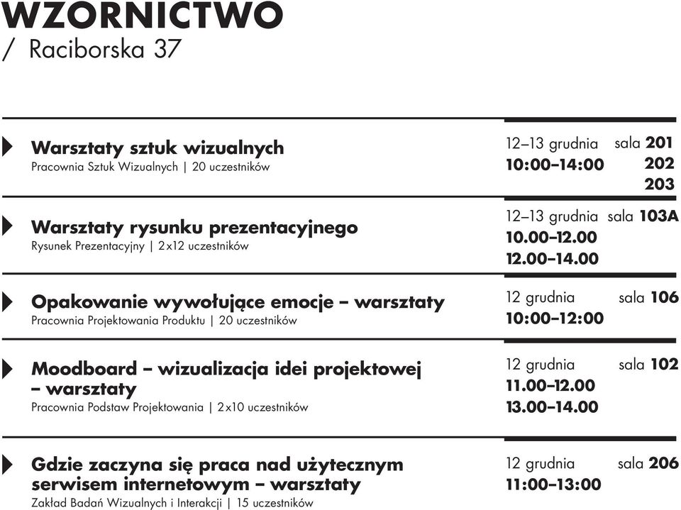 00 12.00 14.00 10:00 12:00 sala 103A sala 106 Moodboard wizualizacja idei projektowej warsztaty Pracownia Podstaw Projektowania 2x10 uczestników 11.00 12.00 13.